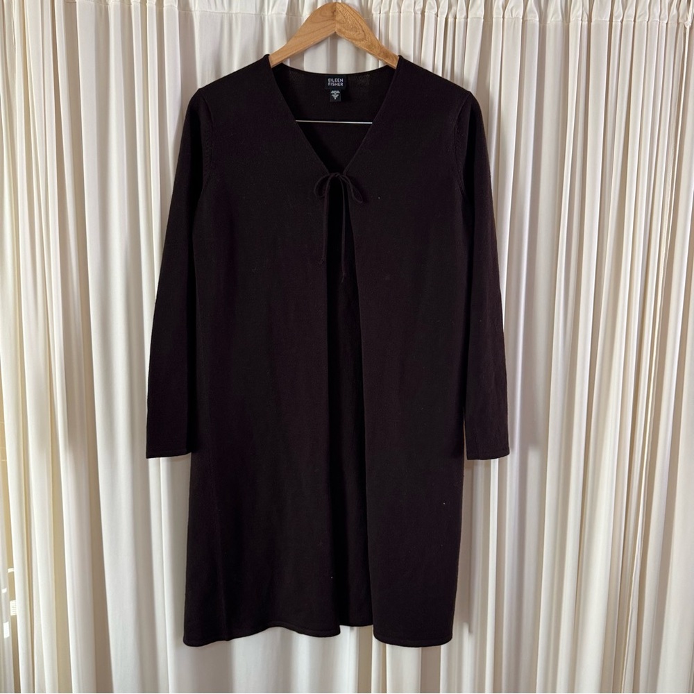 Eileen Fisher Dark‎ Chocolate Brown Long Open Front Wool Cardigan Vintage 90s Sm
